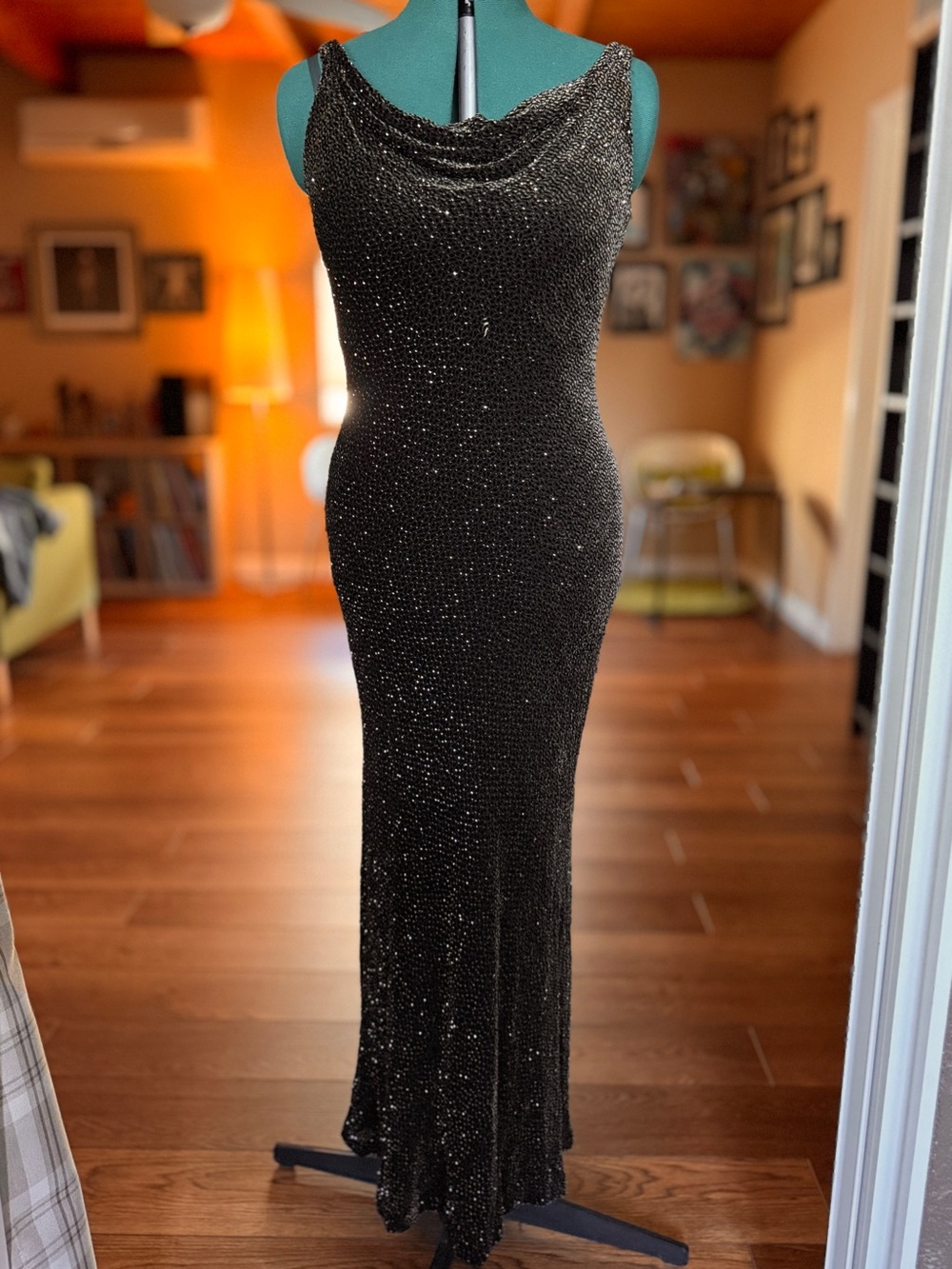 Vintage Carmen Marc Valvo Black Brown Beaded Formal Evening Black Tie Dress Sz 4